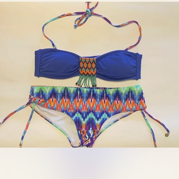 OndadeMar Women’s Mirage Bandeau Bikini Set Hand Embroidered Beading Blue XS - Picture 3 of 12